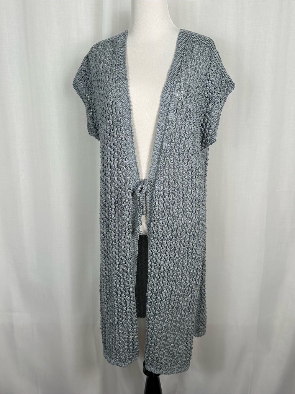 Silver Crochet Open Knit Duster Cardigan Vest Tie Front High Slits 90s Boho M